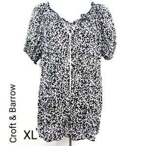 Croft & Barrow Black White Puff Sleeve Peasant Top
